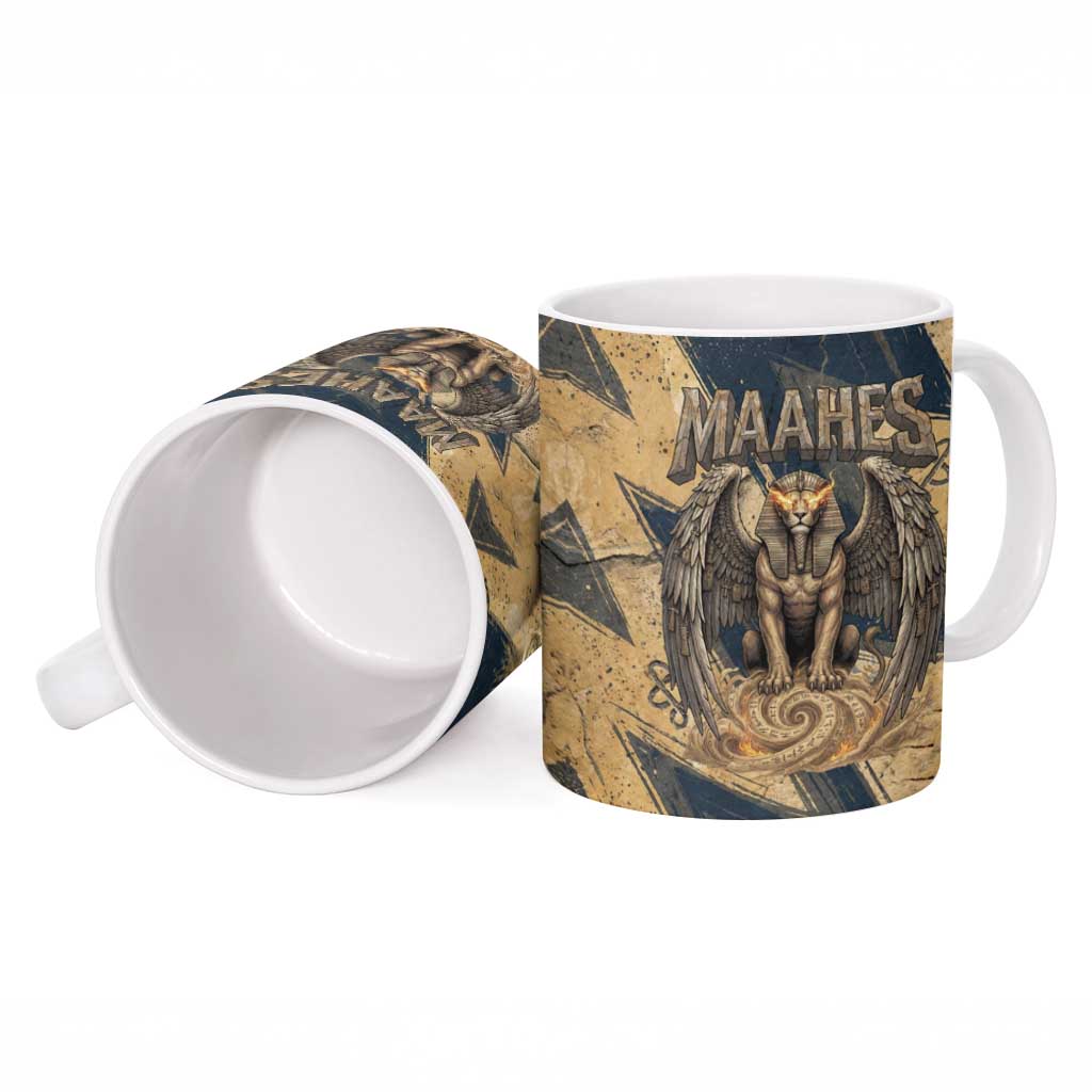 Maahes Ancient Egyptian Ceramic Mug Geometric Pattern Winged Lion Deity, and Sacred Lotus Motif - Wonder Print Shop