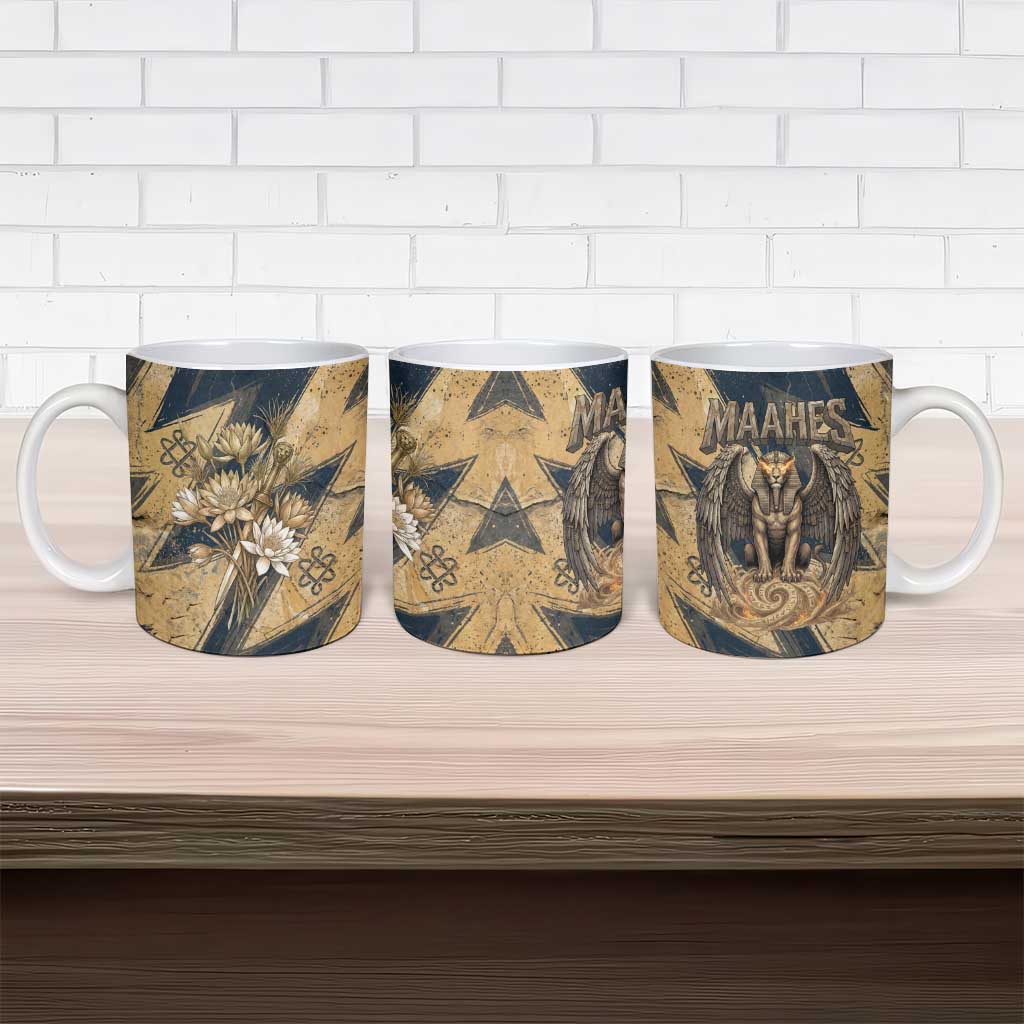 Maahes Ancient Egyptian Ceramic Mug Geometric Pattern Winged Lion Deity, and Sacred Lotus Motif - Wonder Print Shop