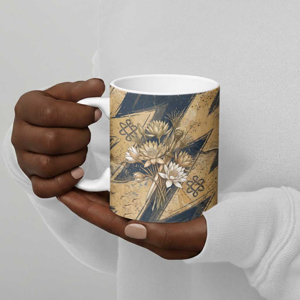 Maahes Ancient Egyptian Ceramic Mug Geometric Pattern Winged Lion Deity, and Sacred Lotus Motif - Wonder Print Shop