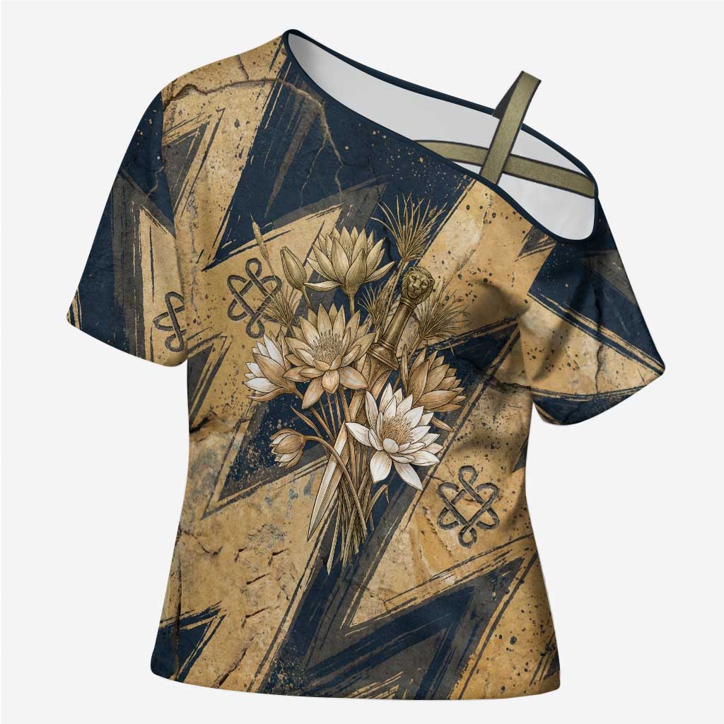 Maahes Ancient Egyptian Cross Shoulder Shirt Geometric Pattern Winged Lion Deity, and Sacred Lotus Motif - Wonder Print Shop