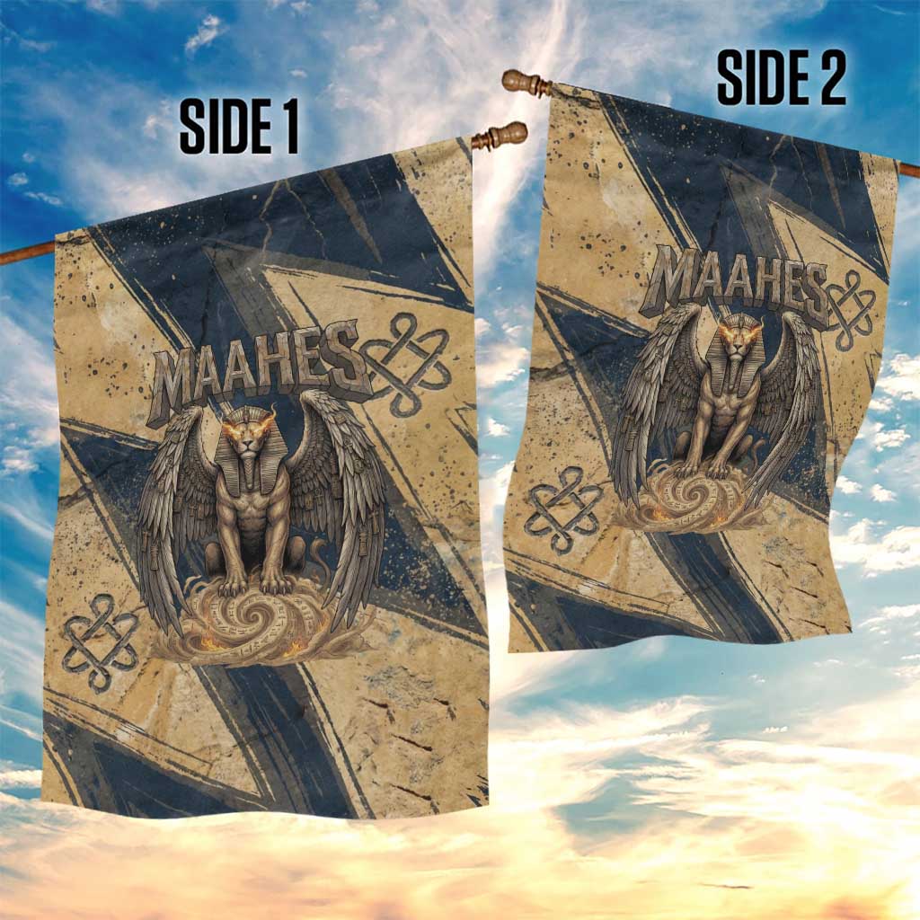 Maahes Ancient Egyptian Garden Flag Geometric Pattern Winged Lion Deity, and Sacred Lotus Motif - Wonder Print Shop