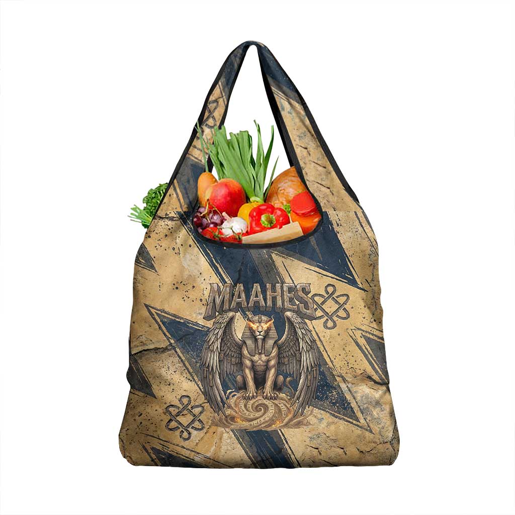Maahes Ancient Egyptian Grocery Bag Geometric Pattern Winged Lion Deity, and Sacred Lotus Motif - Wonder Print Shop