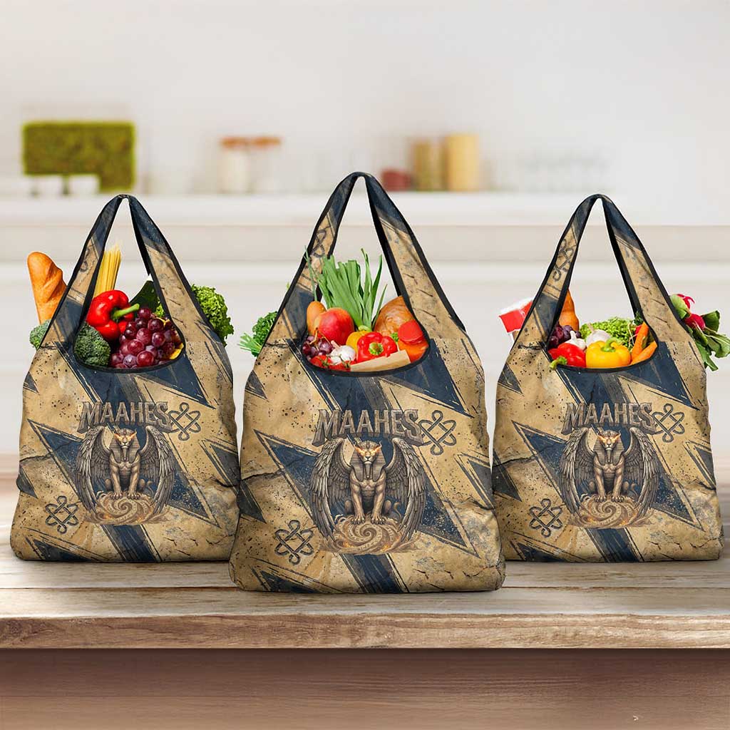 Maahes Ancient Egyptian Grocery Bag Geometric Pattern Winged Lion Deity, and Sacred Lotus Motif - Wonder Print Shop