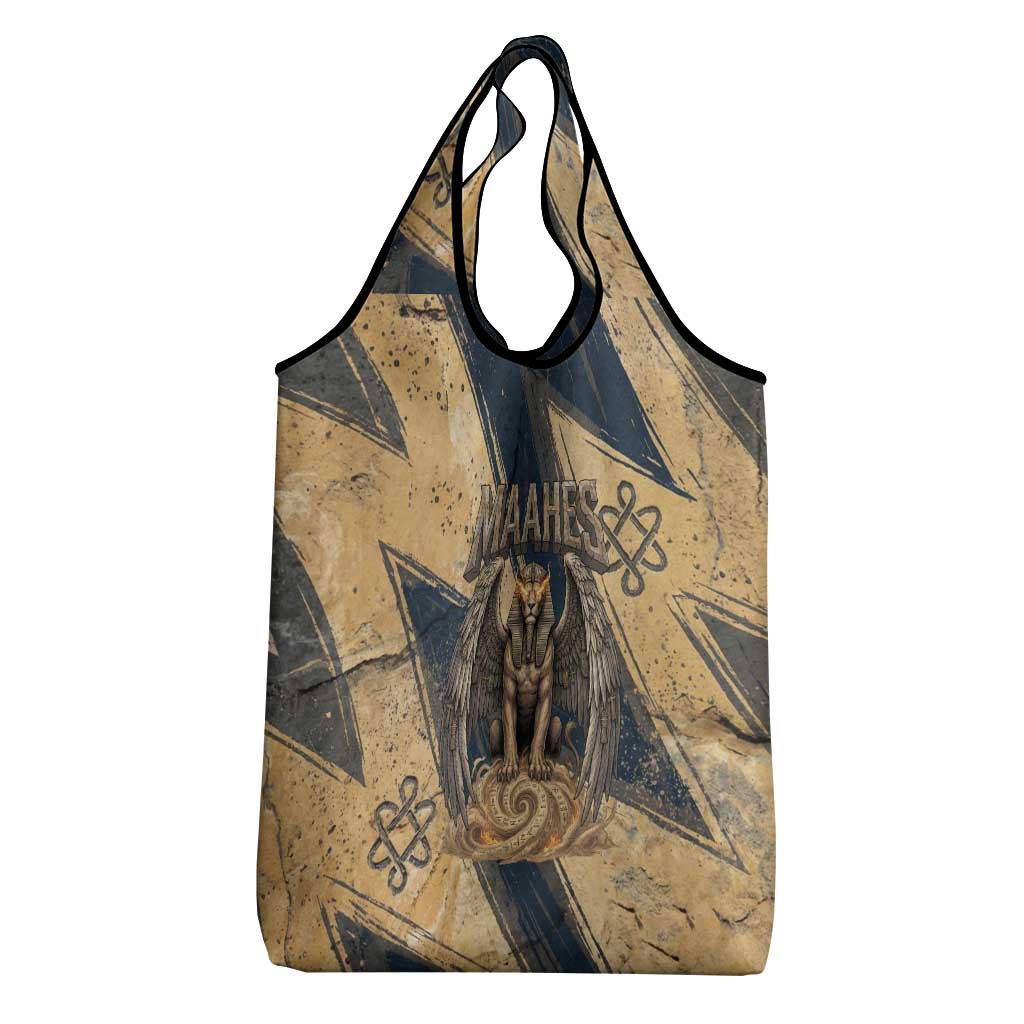 Maahes Ancient Egyptian Grocery Bag Geometric Pattern Winged Lion Deity, and Sacred Lotus Motif - Wonder Print Shop