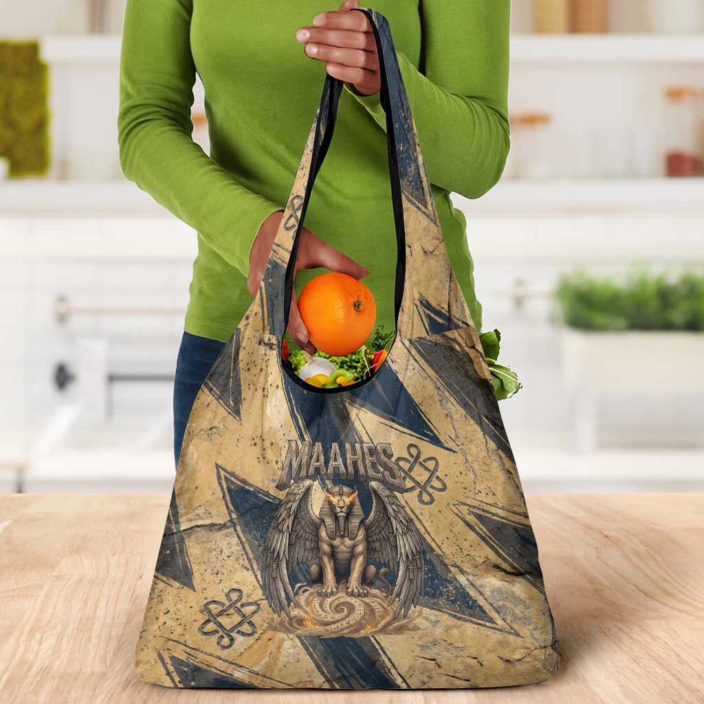 Maahes Ancient Egyptian Grocery Bag Geometric Pattern Winged Lion Deity, and Sacred Lotus Motif - Wonder Print Shop