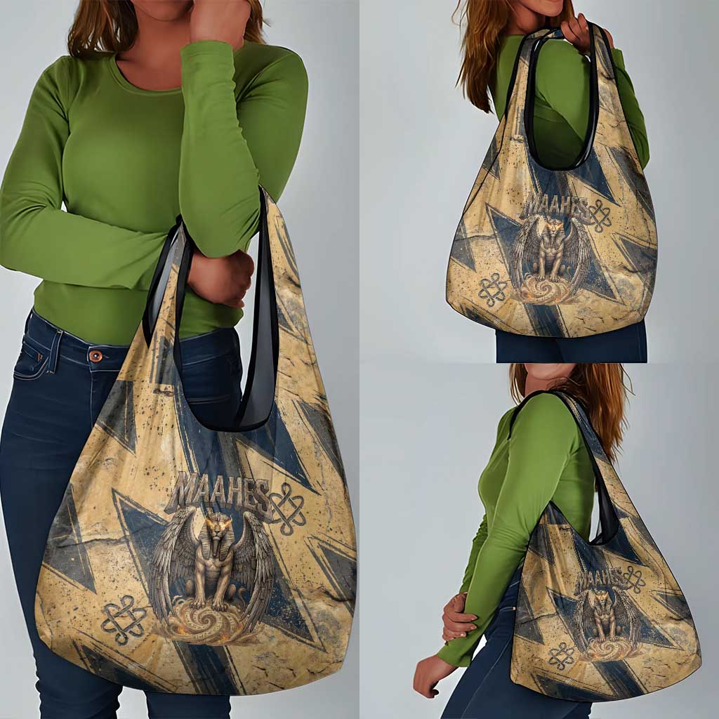 Maahes Ancient Egyptian Grocery Bag Geometric Pattern Winged Lion Deity, and Sacred Lotus Motif - Wonder Print Shop