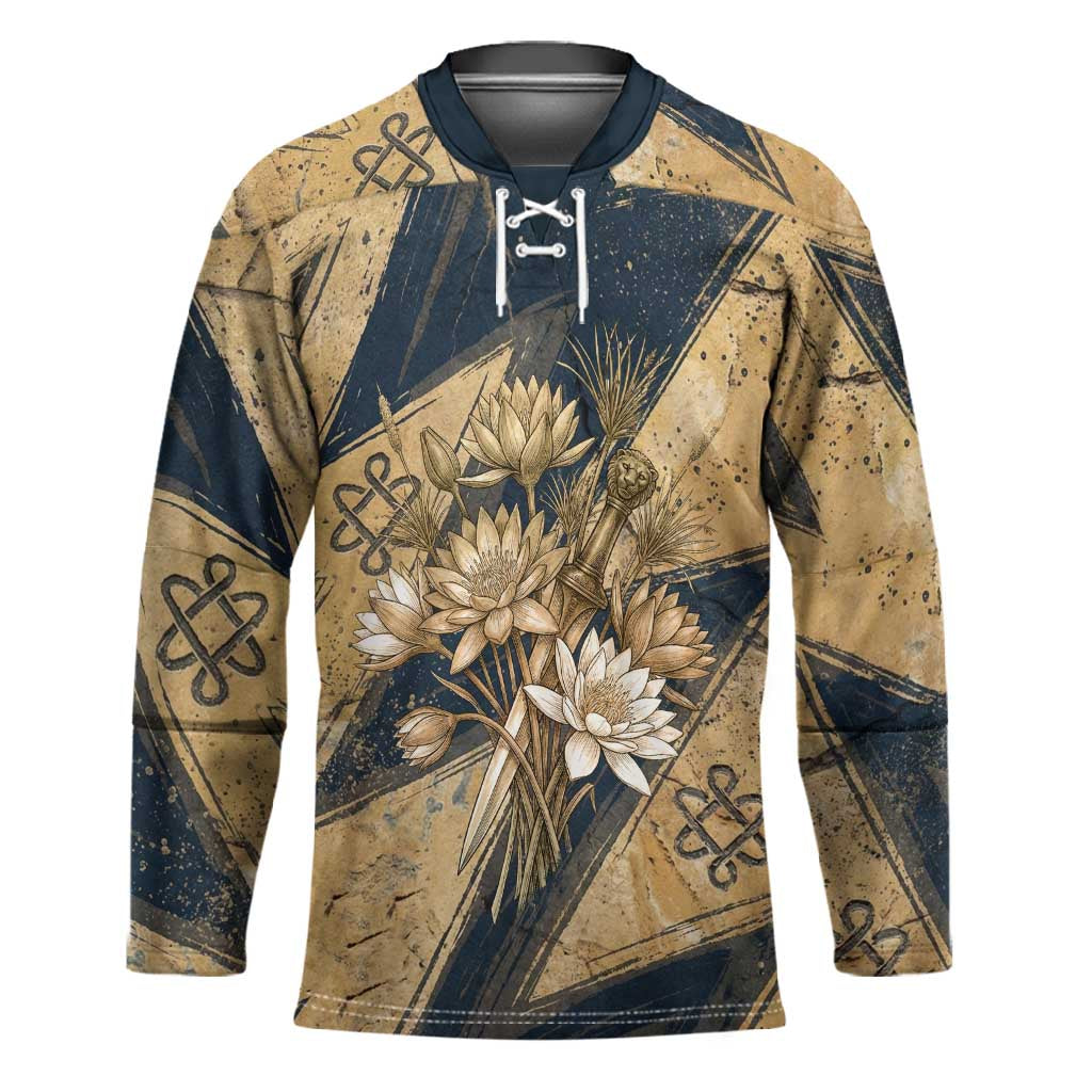 Maahes Ancient Egyptian Hockey Jersey Geometric Pattern Winged Lion Deity, and Sacred Lotus Motif - Wonder Print Shop