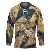 Maahes Ancient Egyptian Hockey Jersey Geometric Pattern Winged Lion Deity, and Sacred Lotus Motif - Wonder Print Shop