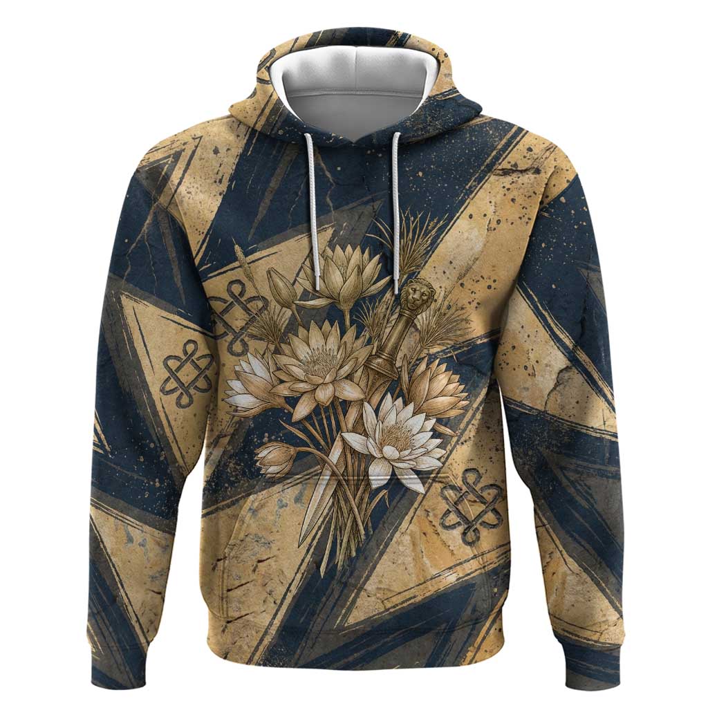 Maahes Ancient Egyptian Hoodie Geometric Pattern Winged Lion Deity, and Sacred Lotus Motif - Wonder Print Shop
