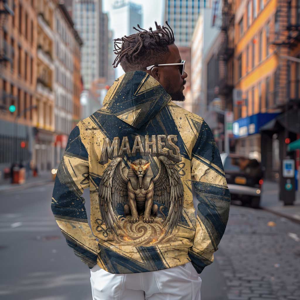 Maahes Ancient Egyptian Hoodie Geometric Pattern Winged Lion Deity, and Sacred Lotus Motif - Wonder Print Shop