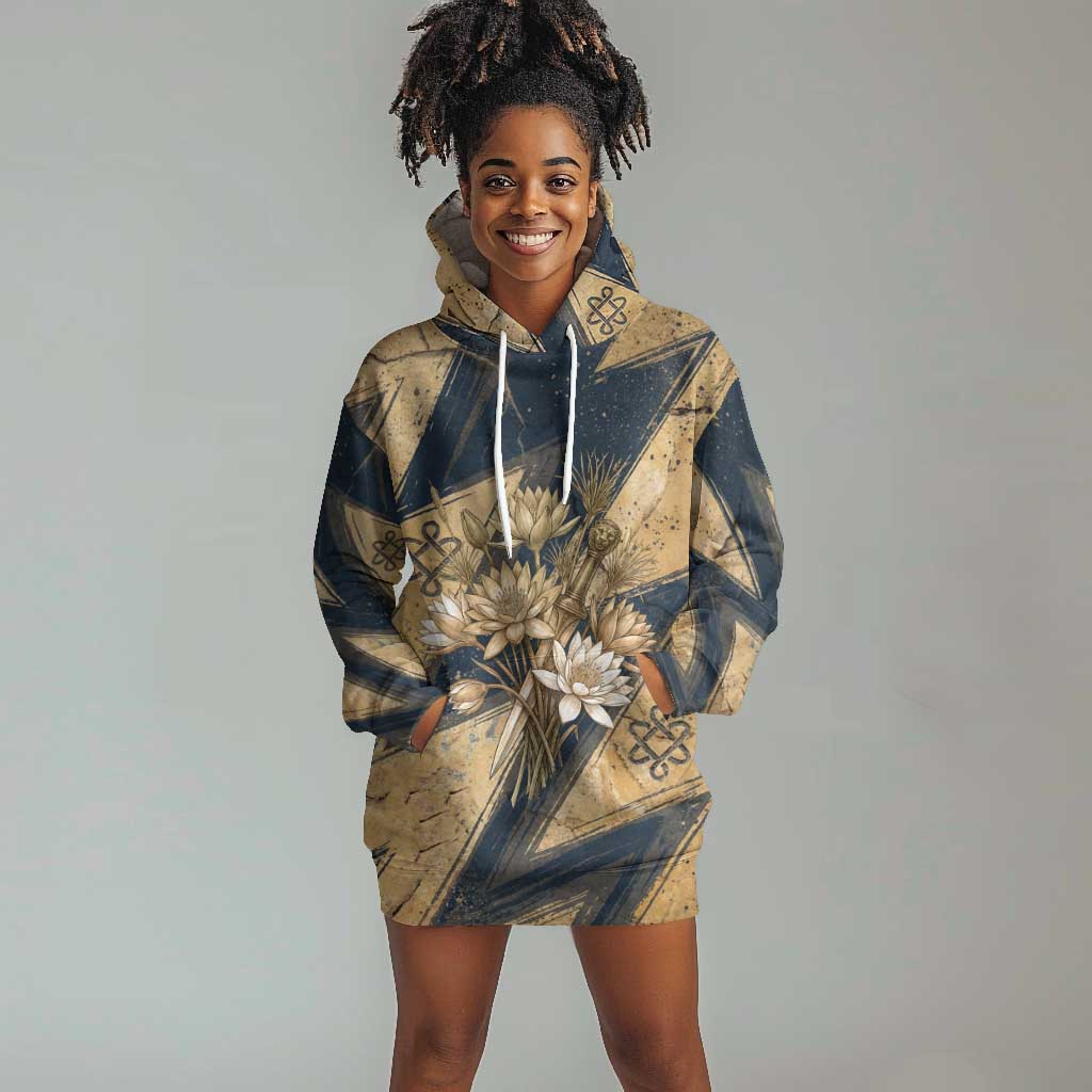 Maahes Ancient Egyptian Hoodie Dress Geometric Pattern Winged Lion Deity, and Sacred Lotus Motif - Wonder Print Shop