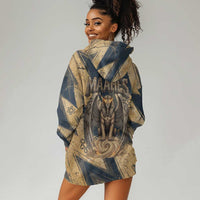 Maahes Ancient Egyptian Hoodie Dress Geometric Pattern Winged Lion Deity, and Sacred Lotus Motif - Wonder Print Shop