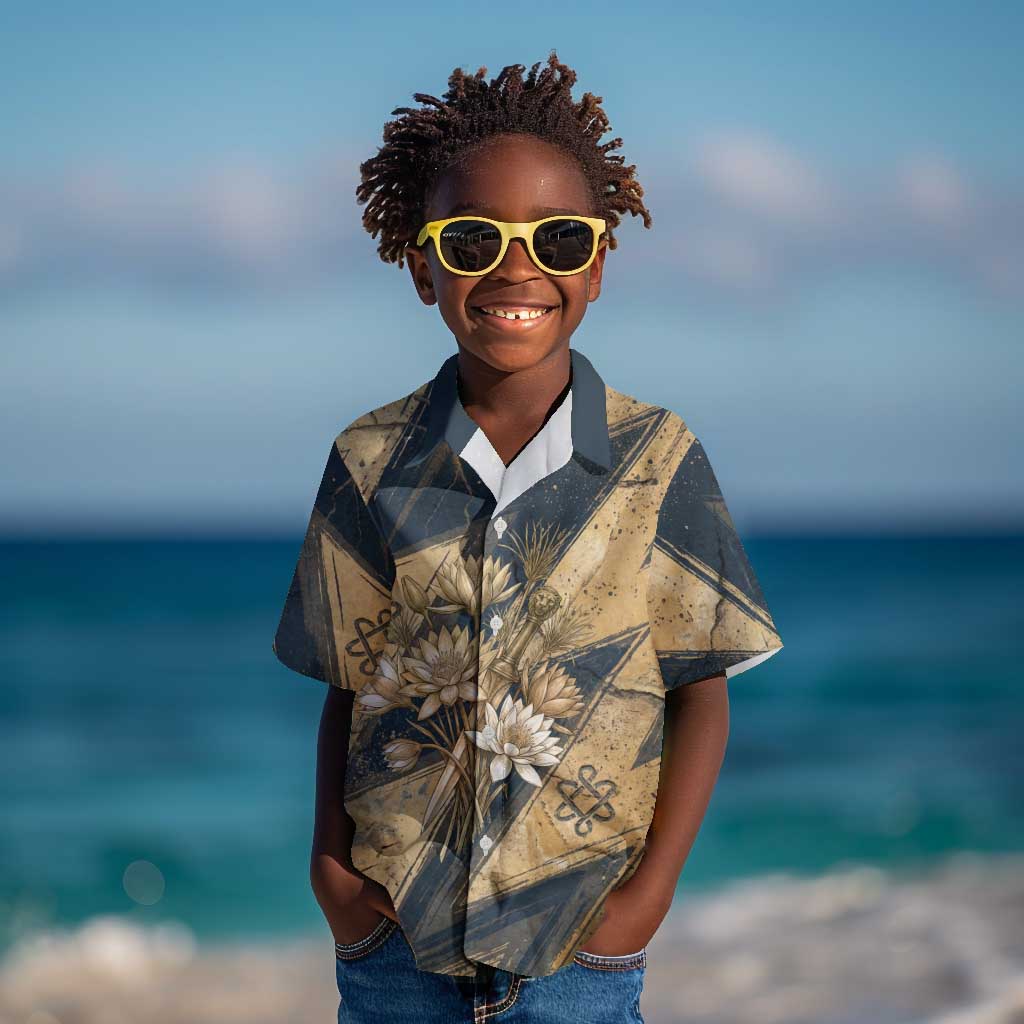Maahes Ancient Egyptian Kid Hawaiian Shirt Geometric Pattern Winged Lion Deity, and Sacred Lotus Motif - Wonder Print Shop
