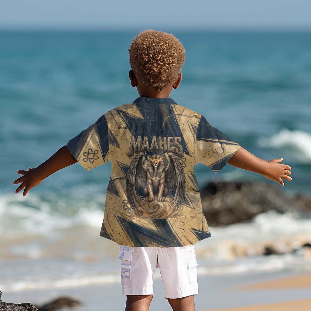 Maahes Ancient Egyptian Kid Hawaiian Shirt Geometric Pattern Winged Lion Deity, and Sacred Lotus Motif - Wonder Print Shop