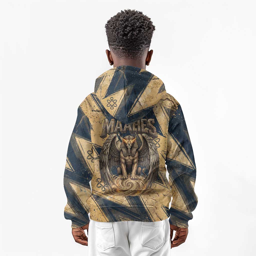 Maahes Ancient Egyptian Kid Hoodie Geometric Pattern Winged Lion Deity, and Sacred Lotus Motif - Wonder Print Shop