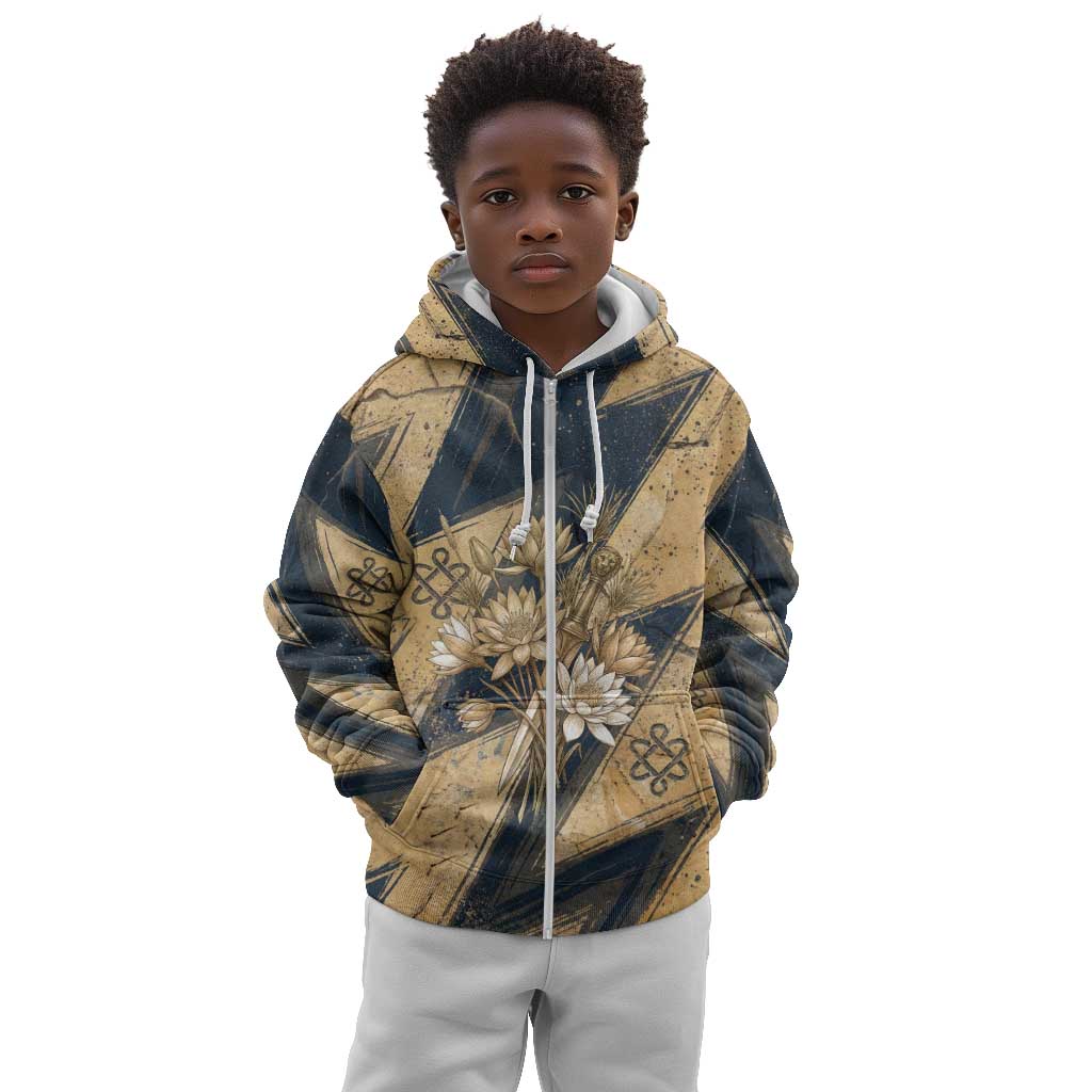 Maahes Ancient Egyptian Kid Hoodie Geometric Pattern Winged Lion Deity, and Sacred Lotus Motif - Wonder Print Shop