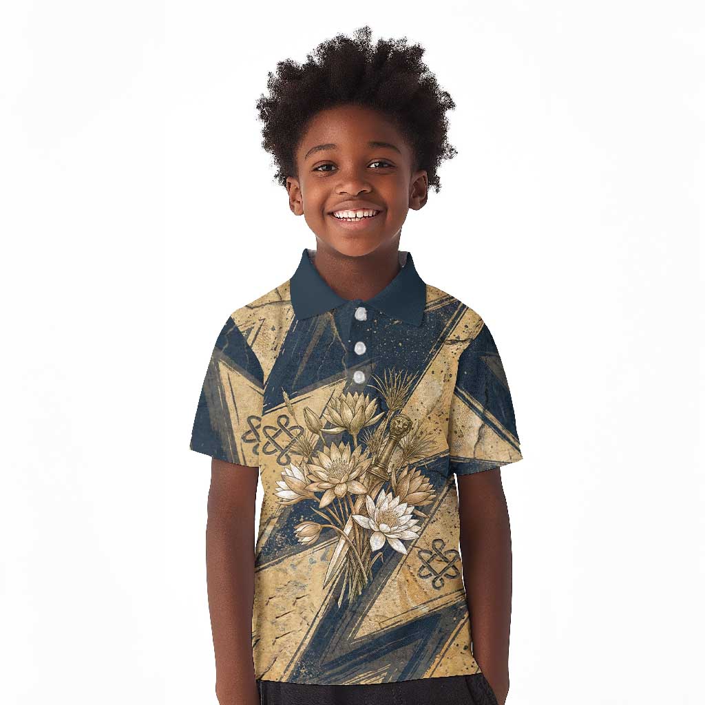 Maahes Ancient Egyptian Kid Polo Shirt Geometric Pattern Winged Lion Deity, and Sacred Lotus Motif - Wonder Print Shop