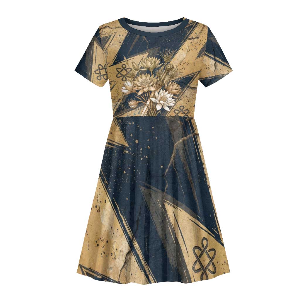 Maahes Ancient Egyptian Kid Short Sleeve Dress Geometric Pattern Winged Lion Deity, and Sacred Lotus Motif - Wonder Print Shop