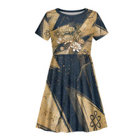 Maahes Ancient Egyptian Kid Short Sleeve Dress Geometric Pattern Winged Lion Deity, and Sacred Lotus Motif - Wonder Print Shop