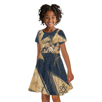 Maahes Ancient Egyptian Kid Short Sleeve Dress Geometric Pattern Winged Lion Deity, and Sacred Lotus Motif - Wonder Print Shop