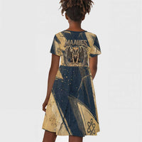 Maahes Ancient Egyptian Kid Short Sleeve Dress Geometric Pattern Winged Lion Deity, and Sacred Lotus Motif - Wonder Print Shop