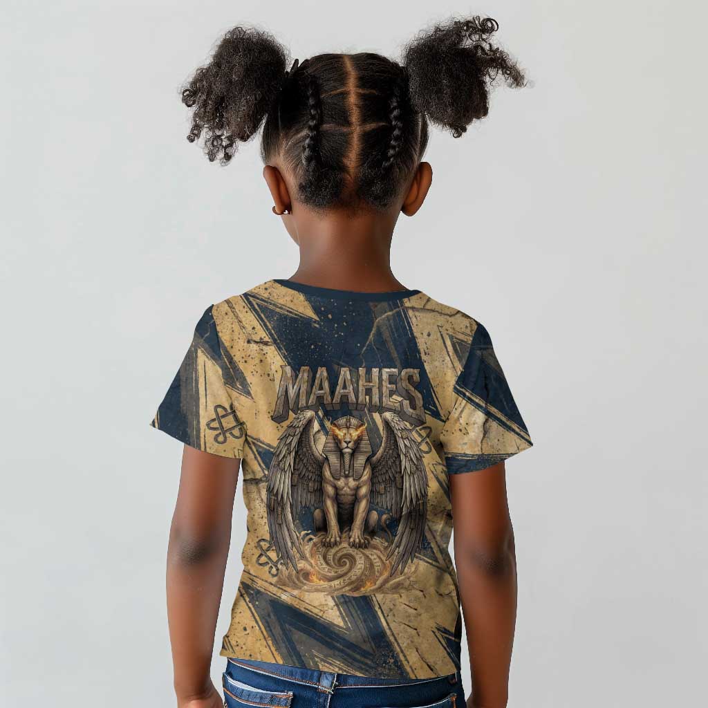 Maahes Ancient Egyptian Kid T shirt Geometric Pattern Winged Lion Deity, and Sacred Lotus Motif - Wonder Print Shop
