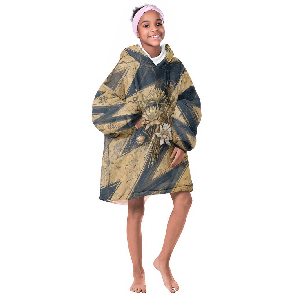 Maahes Ancient Egyptian Kid Wearable Blanket Hoodie Geometric Pattern Winged Lion Deity, and Sacred Lotus Motif - Wonder Print Shop