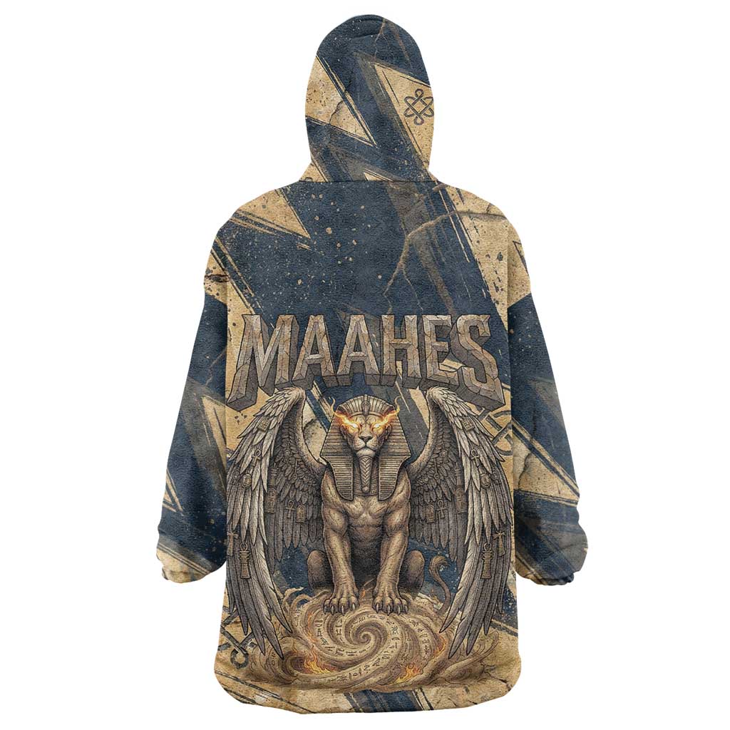 Maahes Ancient Egyptian Kid Wearable Blanket Hoodie Geometric Pattern Winged Lion Deity, and Sacred Lotus Motif - Wonder Print Shop
