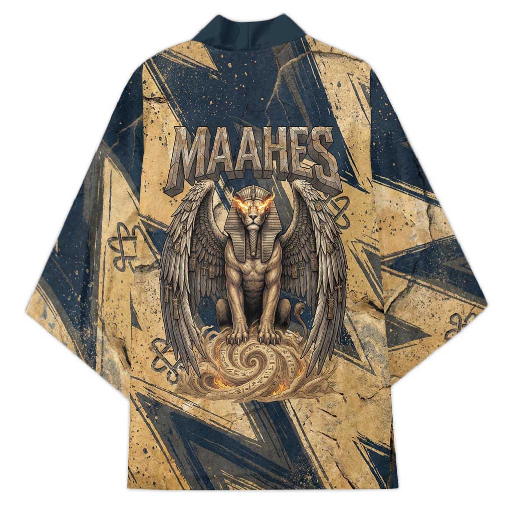 Maahes Ancient Egyptian Kimono Geometric Pattern Winged Lion Deity, and Sacred Lotus Motif - Wonder Print Shop