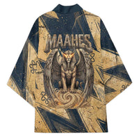 Maahes Ancient Egyptian Kimono Geometric Pattern Winged Lion Deity, and Sacred Lotus Motif - Wonder Print Shop