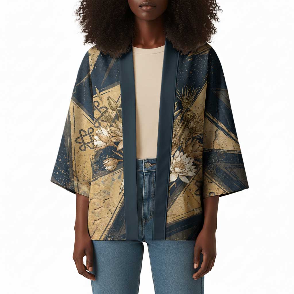 Maahes Ancient Egyptian Kimono Geometric Pattern Winged Lion Deity, and Sacred Lotus Motif - Wonder Print Shop