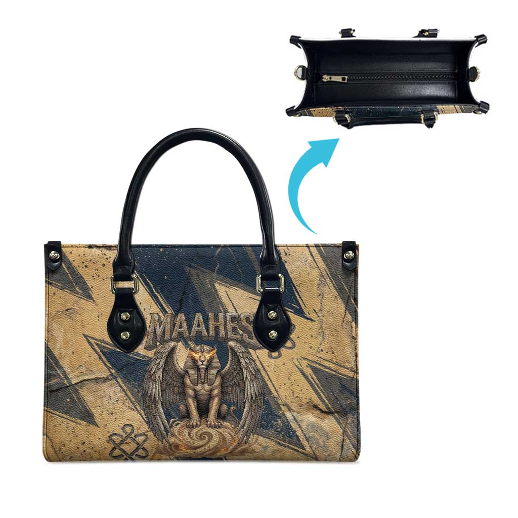 Maahes Ancient Egyptian Leather Bag Geometric Pattern Winged Lion Deity, and Sacred Lotus Motif - Wonder Print Shop