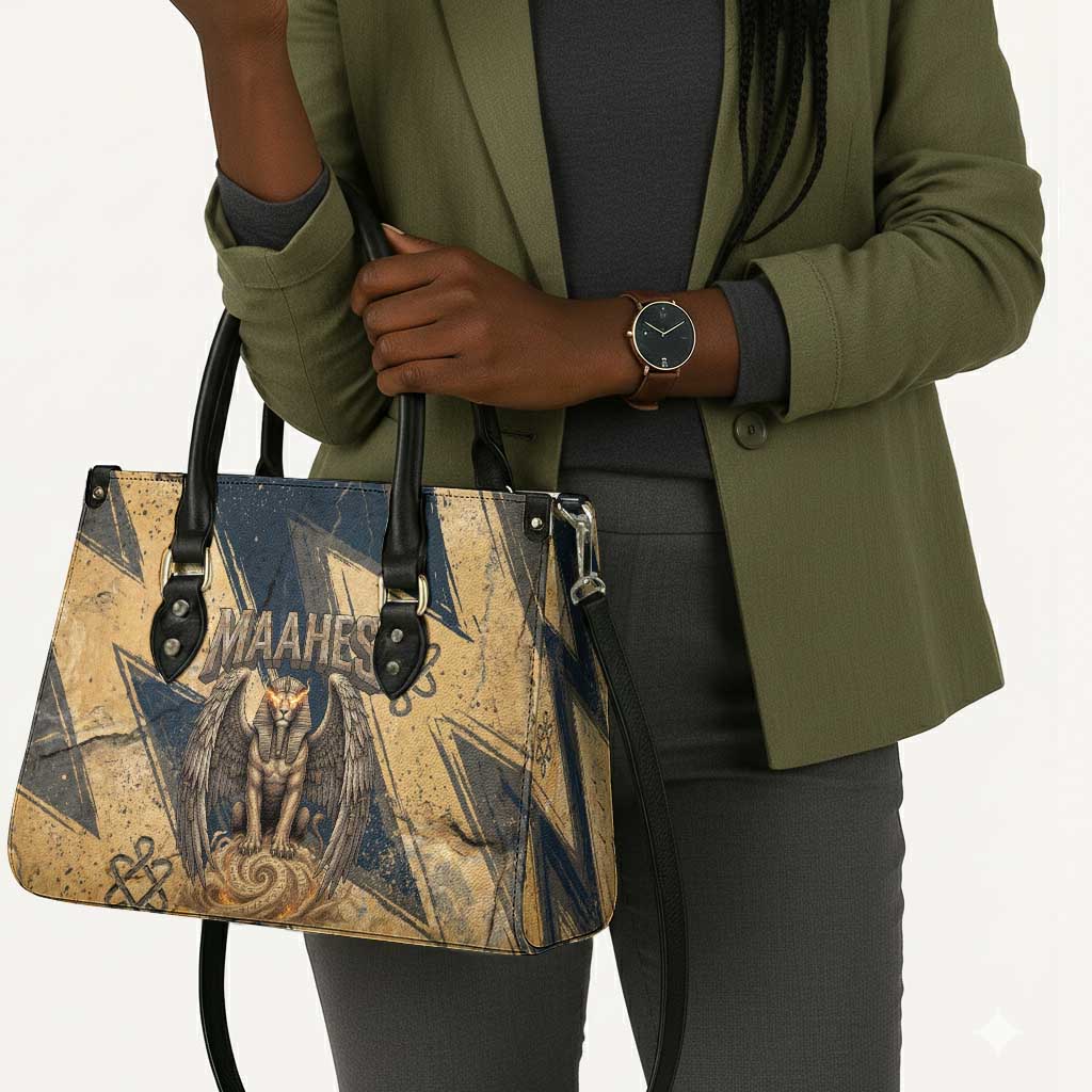 Maahes Ancient Egyptian Leather Bag Geometric Pattern Winged Lion Deity, and Sacred Lotus Motif - Wonder Print Shop