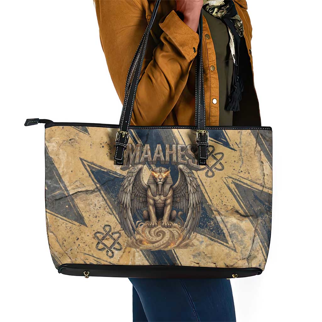 Maahes Ancient Egyptian Leather Tote Bag Geometric Pattern Winged Lion Deity, and Sacred Lotus Motif - Wonder Print Shop