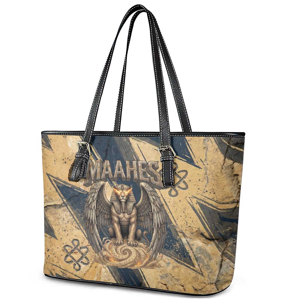 Maahes Ancient Egyptian Leather Tote Bag Geometric Pattern Winged Lion Deity, and Sacred Lotus Motif - Wonder Print Shop