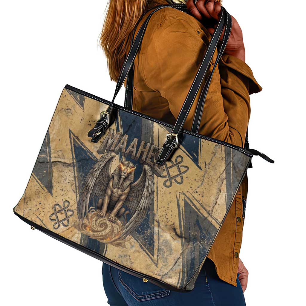 Maahes Ancient Egyptian Leather Tote Bag Geometric Pattern Winged Lion Deity, and Sacred Lotus Motif - Wonder Print Shop