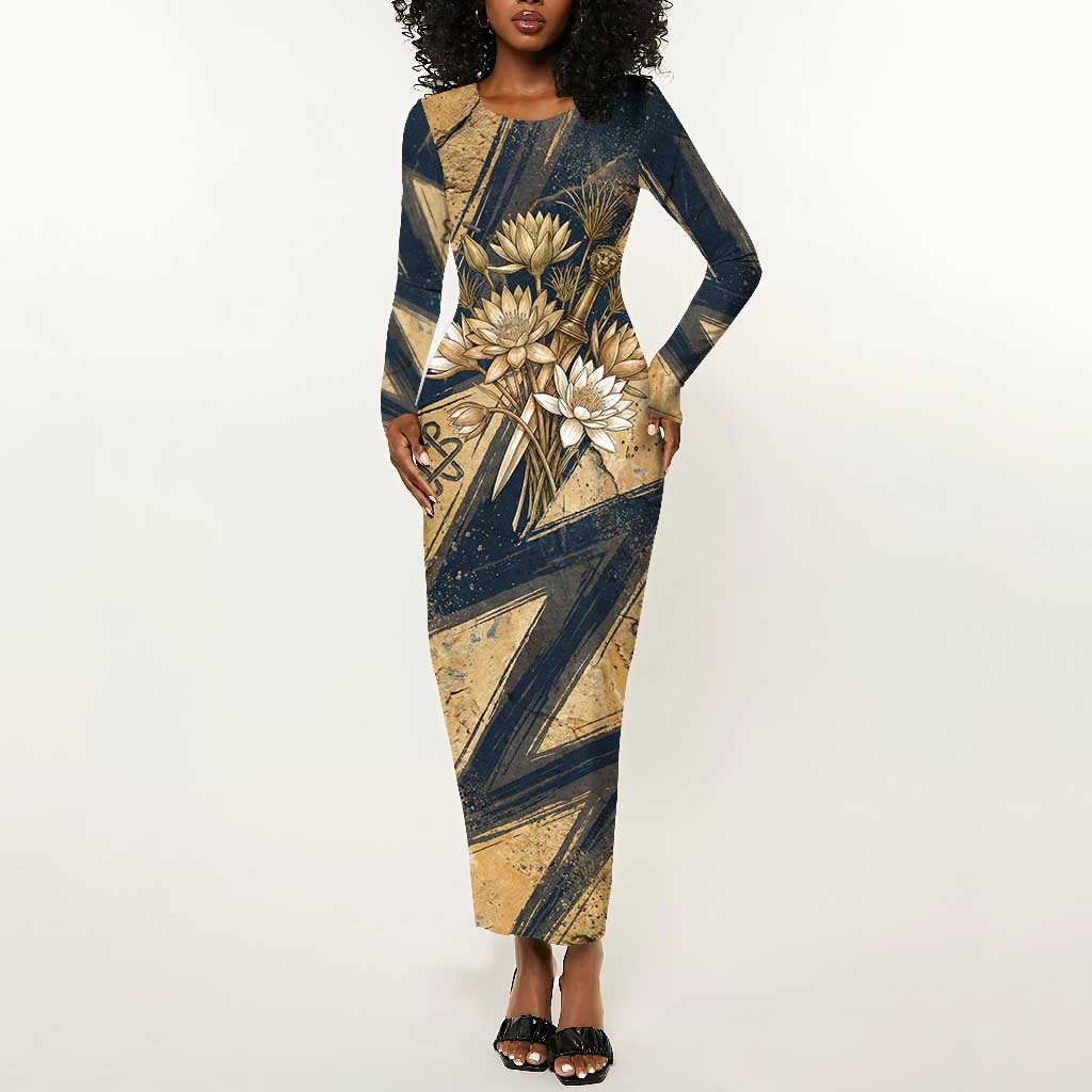 Maahes Ancient Egyptian Long Sleeve Bodycon Dress Geometric Pattern Winged Lion Deity, and Sacred Lotus Motif - Wonder Print Shop