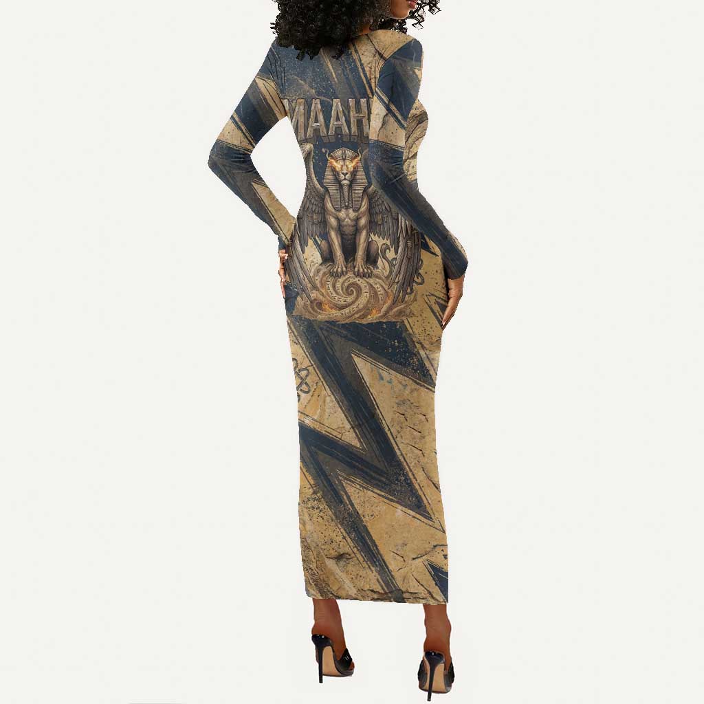Maahes Ancient Egyptian Long Sleeve Bodycon Dress Geometric Pattern Winged Lion Deity, and Sacred Lotus Motif - Wonder Print Shop