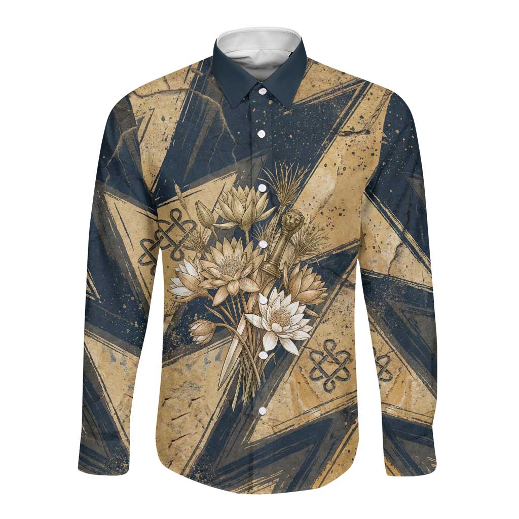 Maahes Ancient Egyptian Long Sleeve Button Shirt Geometric Pattern Winged Lion Deity, and Sacred Lotus Motif - Wonder Print Shop