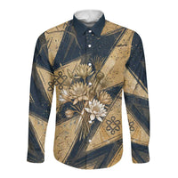 Maahes Ancient Egyptian Long Sleeve Button Shirt Geometric Pattern Winged Lion Deity, and Sacred Lotus Motif - Wonder Print Shop