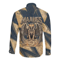 Maahes Ancient Egyptian Long Sleeve Button Shirt Geometric Pattern Winged Lion Deity, and Sacred Lotus Motif - Wonder Print Shop