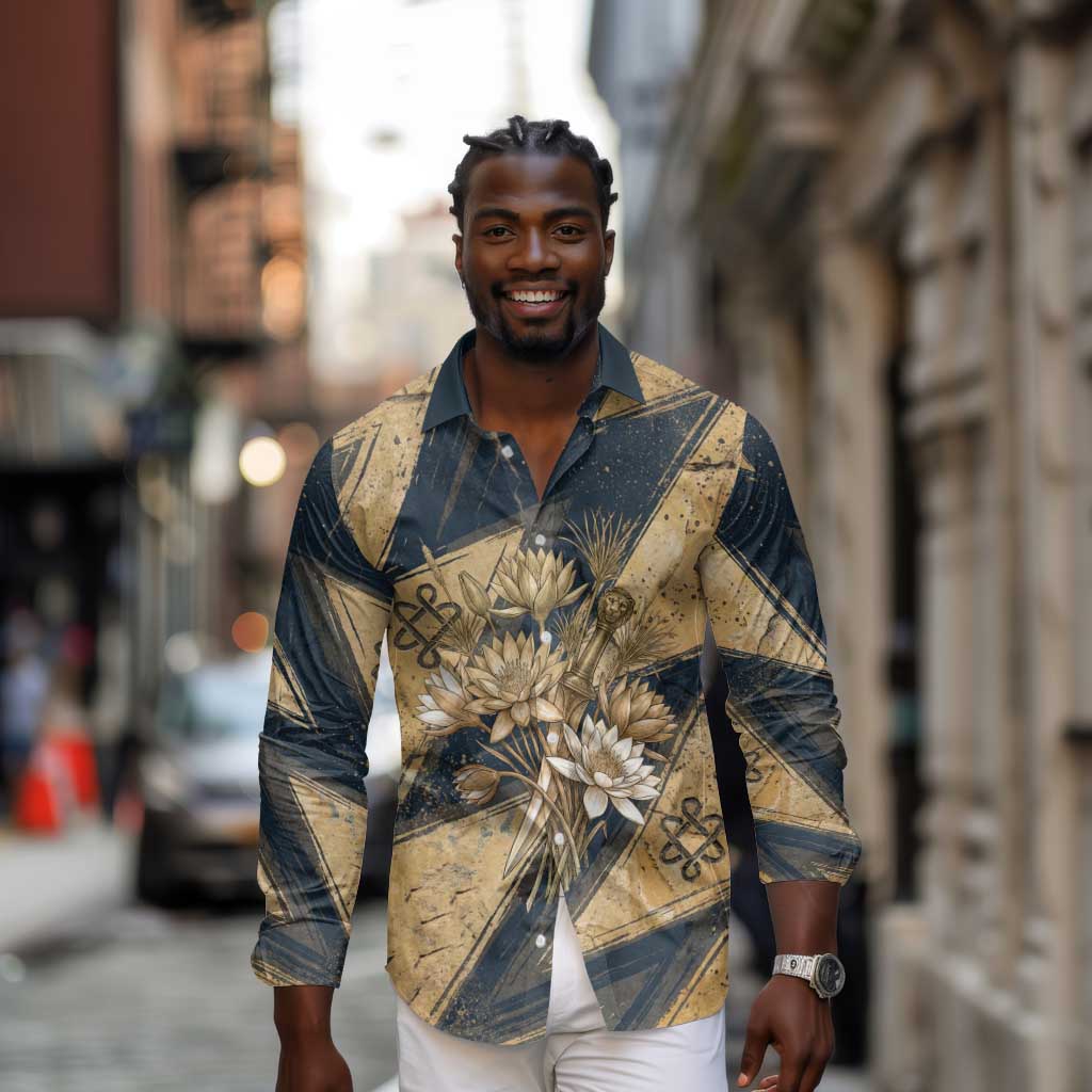 Maahes Ancient Egyptian Long Sleeve Button Shirt Geometric Pattern Winged Lion Deity, and Sacred Lotus Motif - Wonder Print Shop