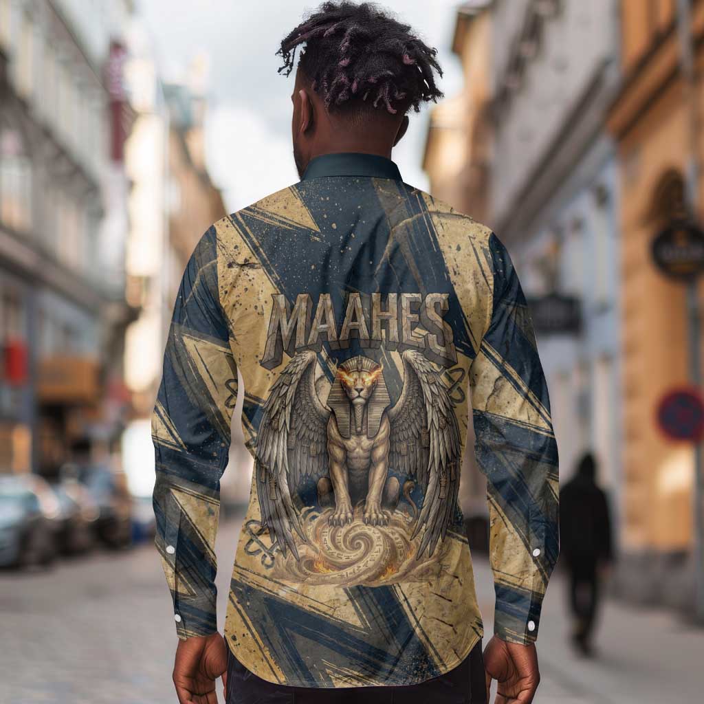 Maahes Ancient Egyptian Long Sleeve Button Shirt Geometric Pattern Winged Lion Deity, and Sacred Lotus Motif - Wonder Print Shop