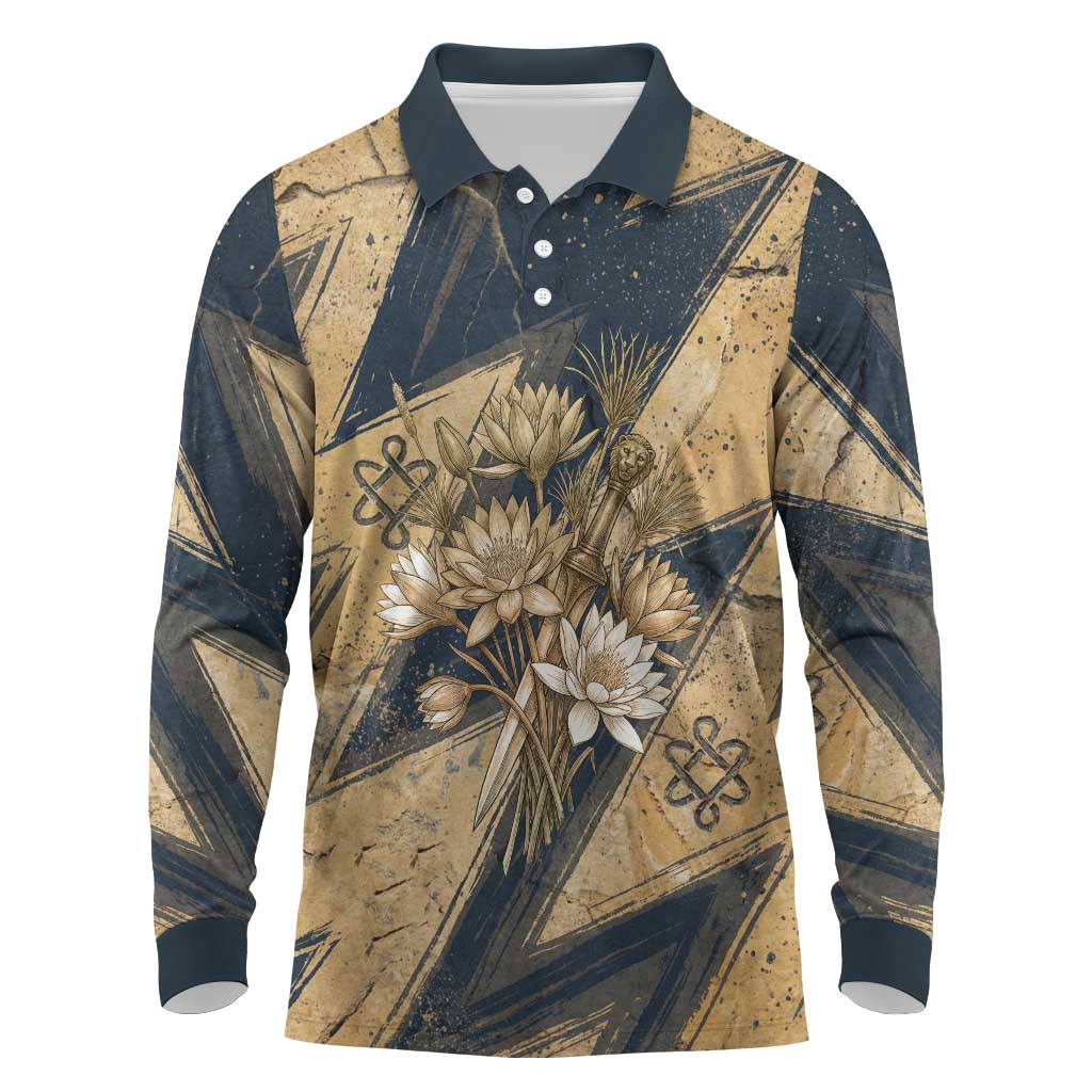 Maahes Ancient Egyptian Long Sleeve Polo Shirt Geometric Pattern Winged Lion Deity, and Sacred Lotus Motif - Wonder Print Shop