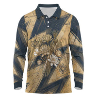 Maahes Ancient Egyptian Long Sleeve Polo Shirt Geometric Pattern Winged Lion Deity, and Sacred Lotus Motif - Wonder Print Shop