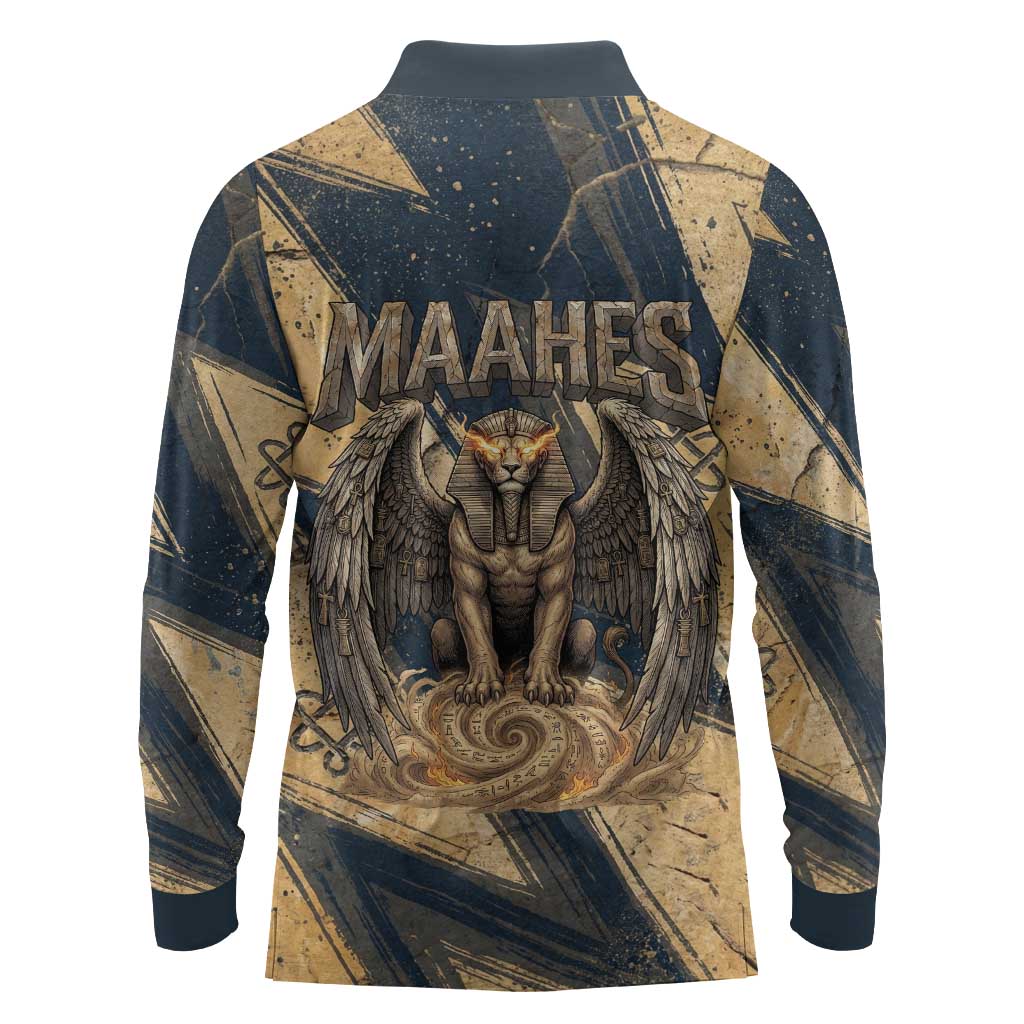 Maahes Ancient Egyptian Long Sleeve Polo Shirt Geometric Pattern Winged Lion Deity, and Sacred Lotus Motif - Wonder Print Shop