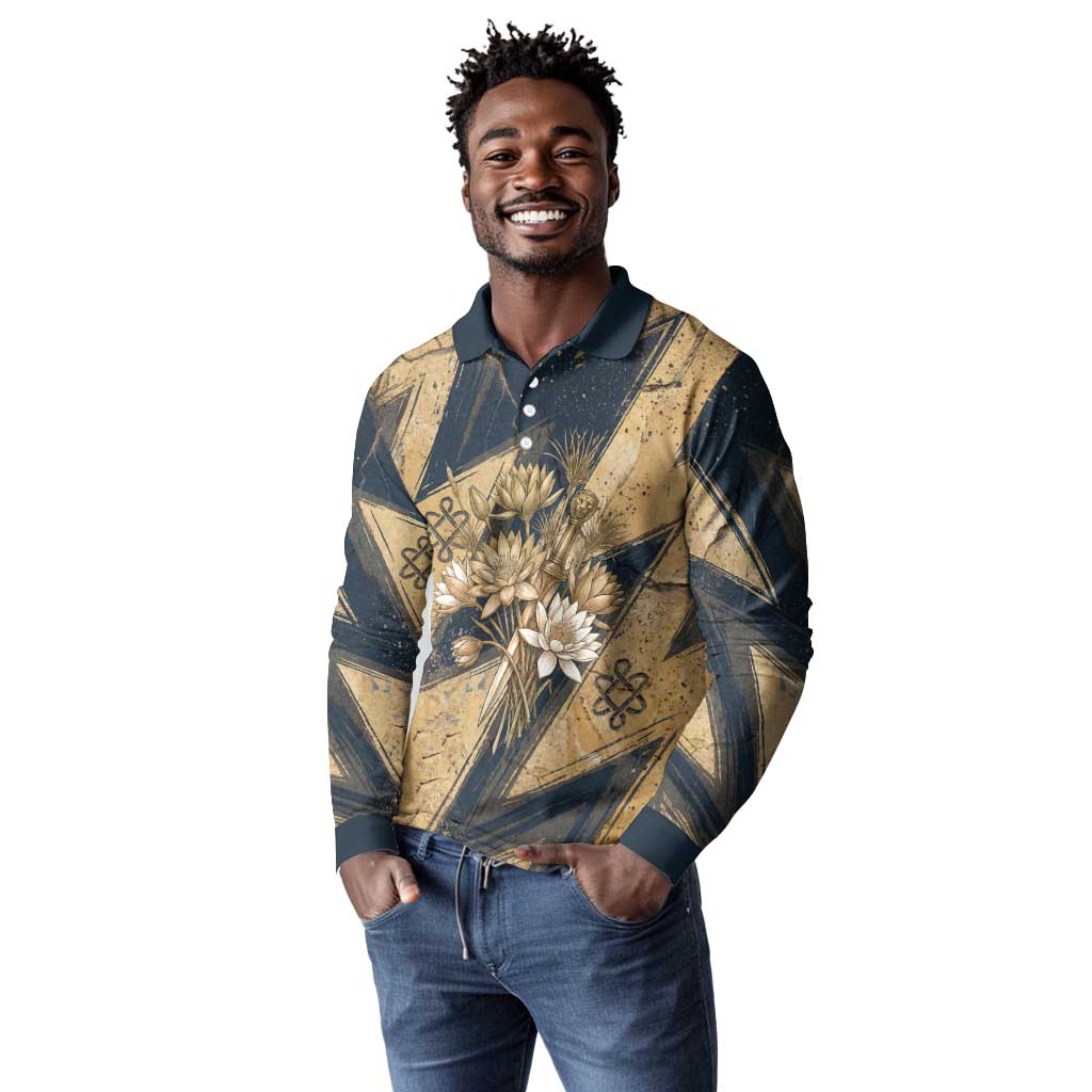 Maahes Ancient Egyptian Long Sleeve Polo Shirt Geometric Pattern Winged Lion Deity, and Sacred Lotus Motif - Wonder Print Shop