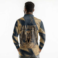 Maahes Ancient Egyptian Long Sleeve Polo Shirt Geometric Pattern Winged Lion Deity, and Sacred Lotus Motif - Wonder Print Shop
