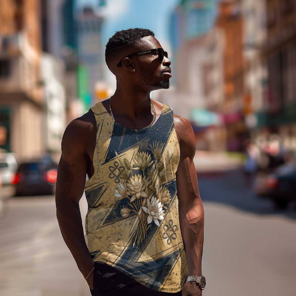Maahes Ancient Egyptian Men Tank Top Geometric Pattern Winged Lion Deity, and Sacred Lotus Motif - Wonder Print Shop