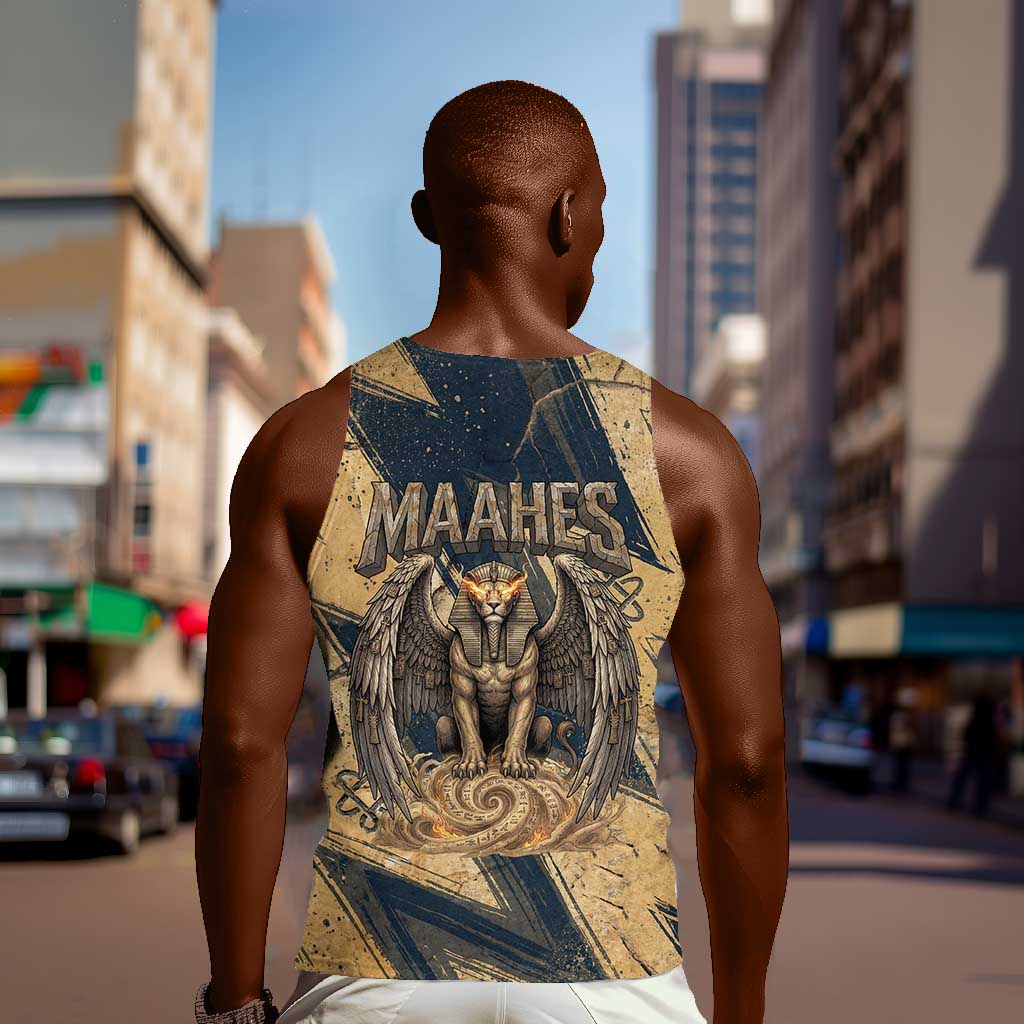 Maahes Ancient Egyptian Men Tank Top Geometric Pattern Winged Lion Deity, and Sacred Lotus Motif - Wonder Print Shop